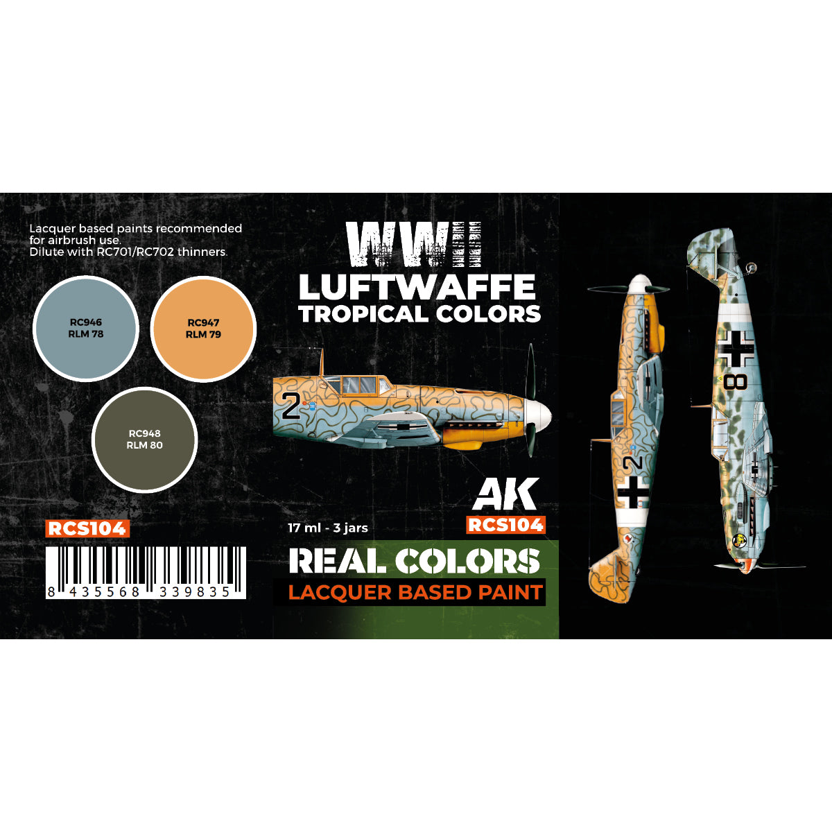 Color swatches of the three Luftwaffe tropical paints included in the RCS104 set: RLM 78, RLM 79, and RLM 80, with detailed labels showing their application on aircraft