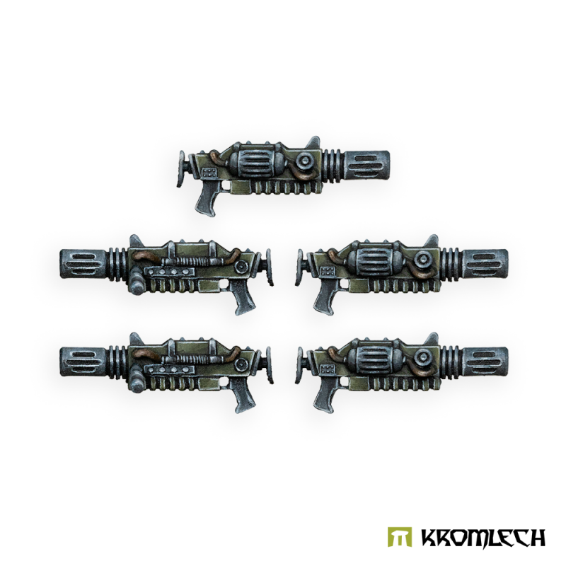 The five rifles painted in dark steel and olive green, shown from both sides