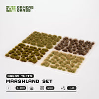 Contents of the Marshland Set, displaying various shades of green and brown tufts with darker bases
