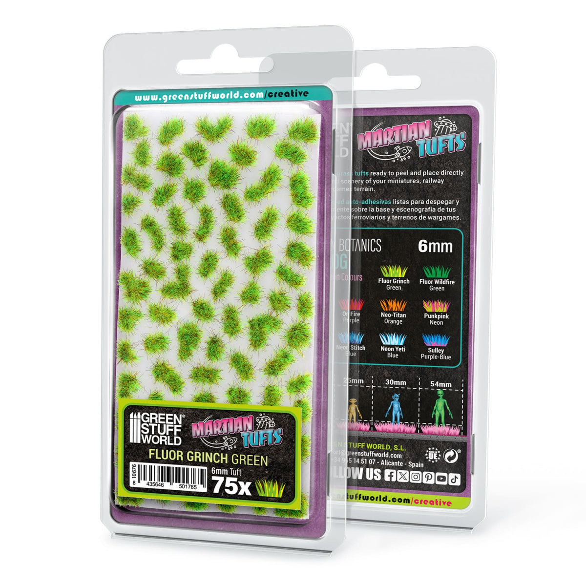 Fluor Grinch Green Martian Tufts blister pack: 75 tufts, 6 mm, on a white backing sheet