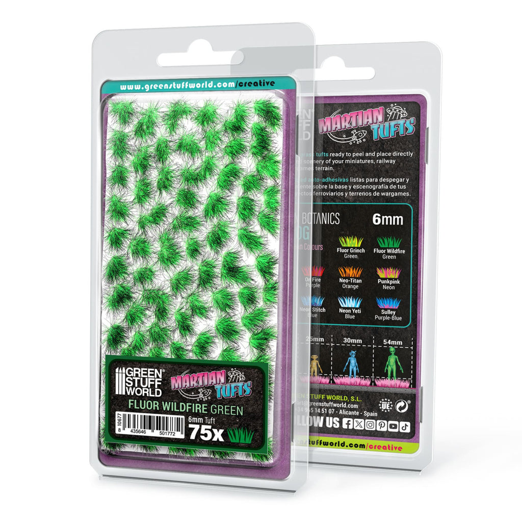 Fluor Wildfire Green Martian Tufts blister pack: 75 tufts, 6 mm, on a white backing sheet