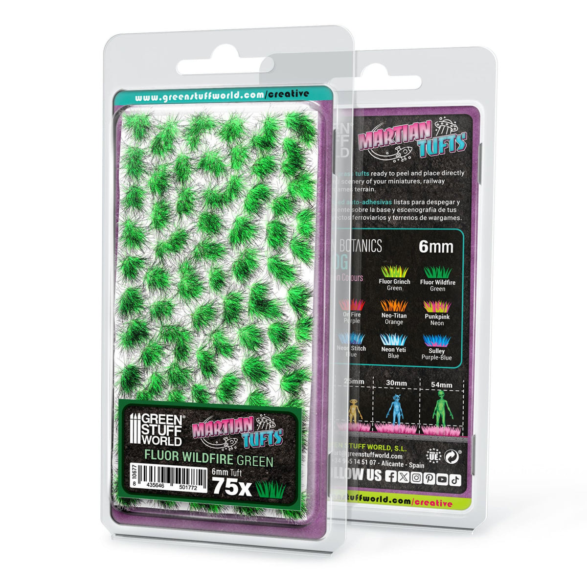 Fluor Wildfire Green Martian Tufts blister pack: 75 tufts, 6 mm, on a white backing sheet