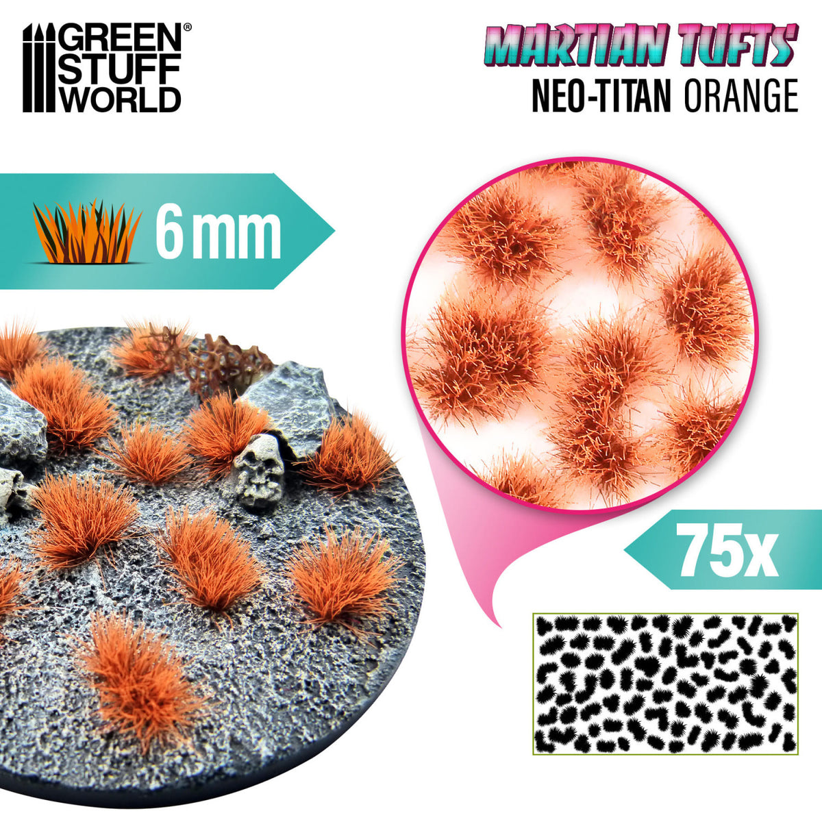 Card: Neo-Titan Orange Martian Tufts, 6 mm fibres, 75 per sheet, close-up of a tuft on a base