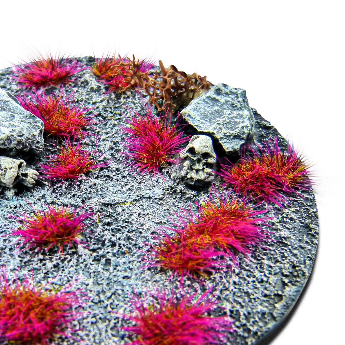 On Fire Purple Martian Fluor Tufts planted on a grey textured base with a skull and rocks