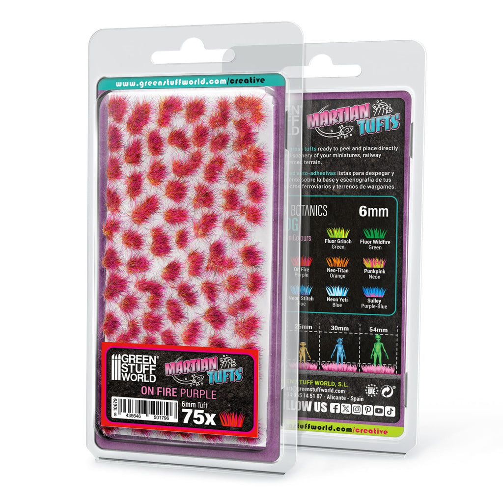 On Fire Purple Martian Tufts blister pack: 75 tufts, 6 mm, on a white backing sheet