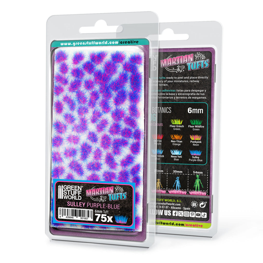 Sulley Purple-Blue Martian Tufts blister pack: 75 tufts, 6 mm, on a white backing sheet