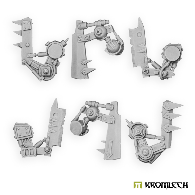Six Kromlech Mechanical Blade Arms in pale resin, two of each of three spiked blade patterns