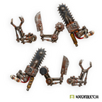 Six Kromlech Mechanical CCW Arms painted in rust: two chainsaw arms, two cleaver arms and two pincer claws