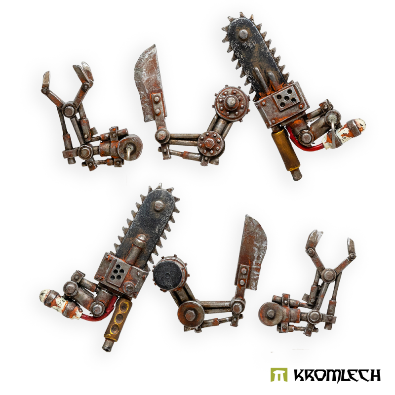 Six Kromlech Mechanical CCW Arms painted in rust: two chainsaw arms, two cleaver arms and two pincer claws