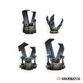 Four Kromlech Mechanical Crushers painted in steel and green: three pincer claws and one many-fingered grabber