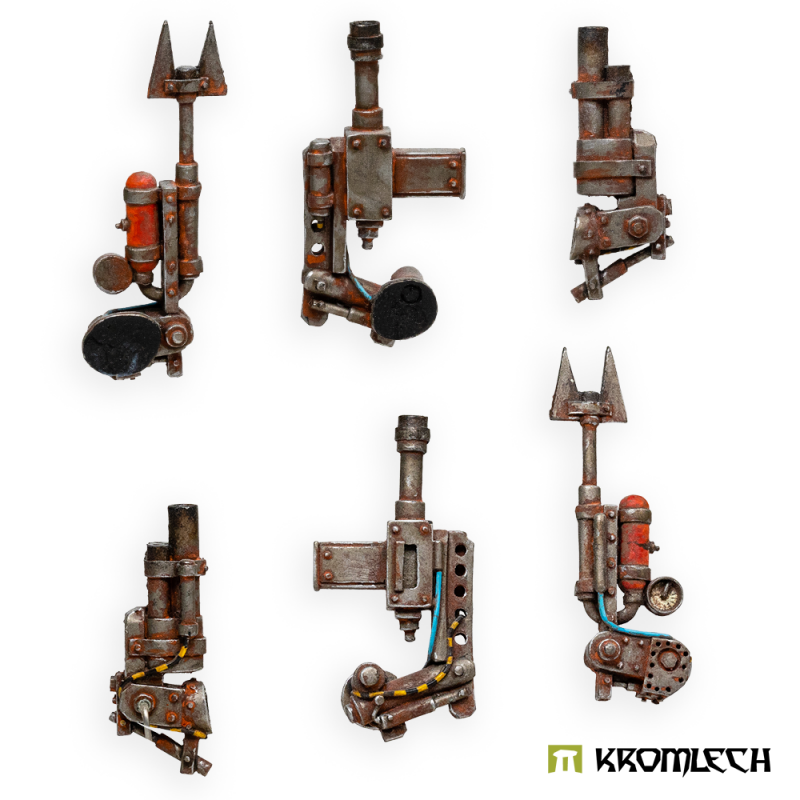 The six gun arms painted in rust with red tanks, stood upright