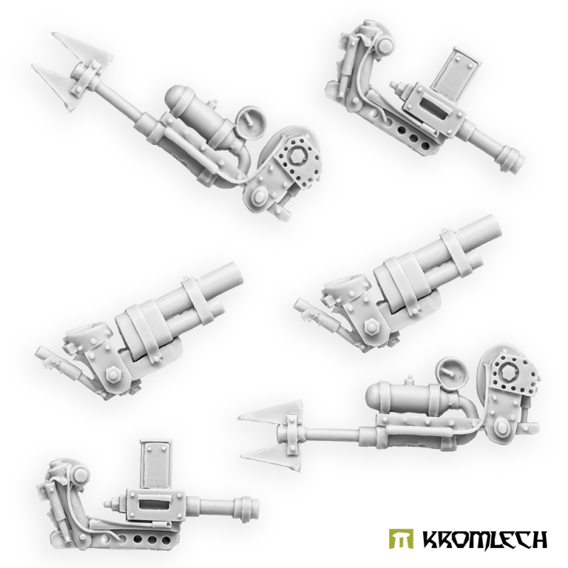 Six Kromlech Mechanical Gun Arms in pale resin, two of each of three patterns