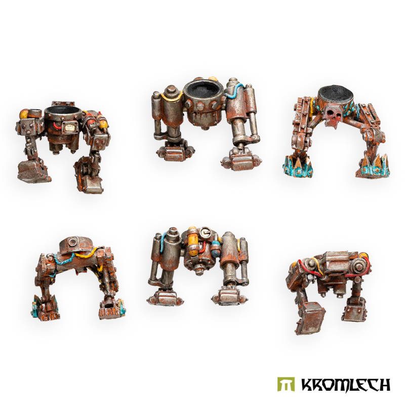 Six Kromlech Mechanical Orc Legs painted in rusty metal, two of each of three designs