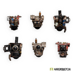 Six Kromlech Mechanical Orc Torsos painted in rusty metal, red and blue, two of each of three designs