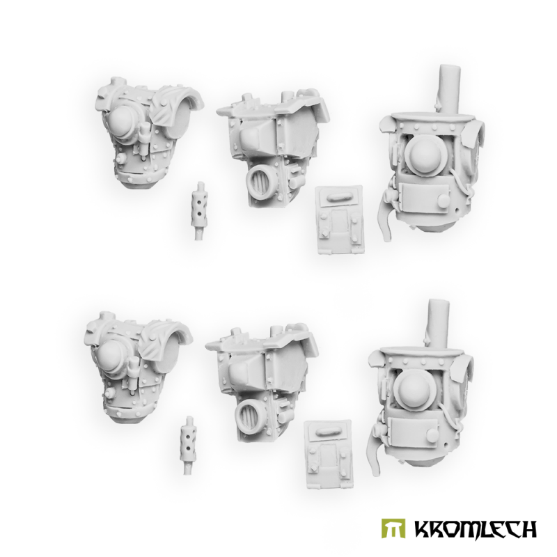 The six torsos in pale grey resin with their separate exhaust pipes and hatch doors