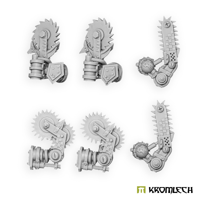 Six Kromlech Mechanical Saw Arms in pale resin: four buzzsaw arms and two chainsaw arms