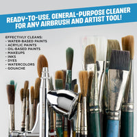 Medea Iwata Airbrush Cleaner shown with paint brushes and airbrush cleaning compatibility