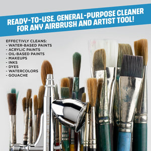 Medea Iwata Airbrush Cleaner shown with paint brushes and airbrush cleaning compatibility