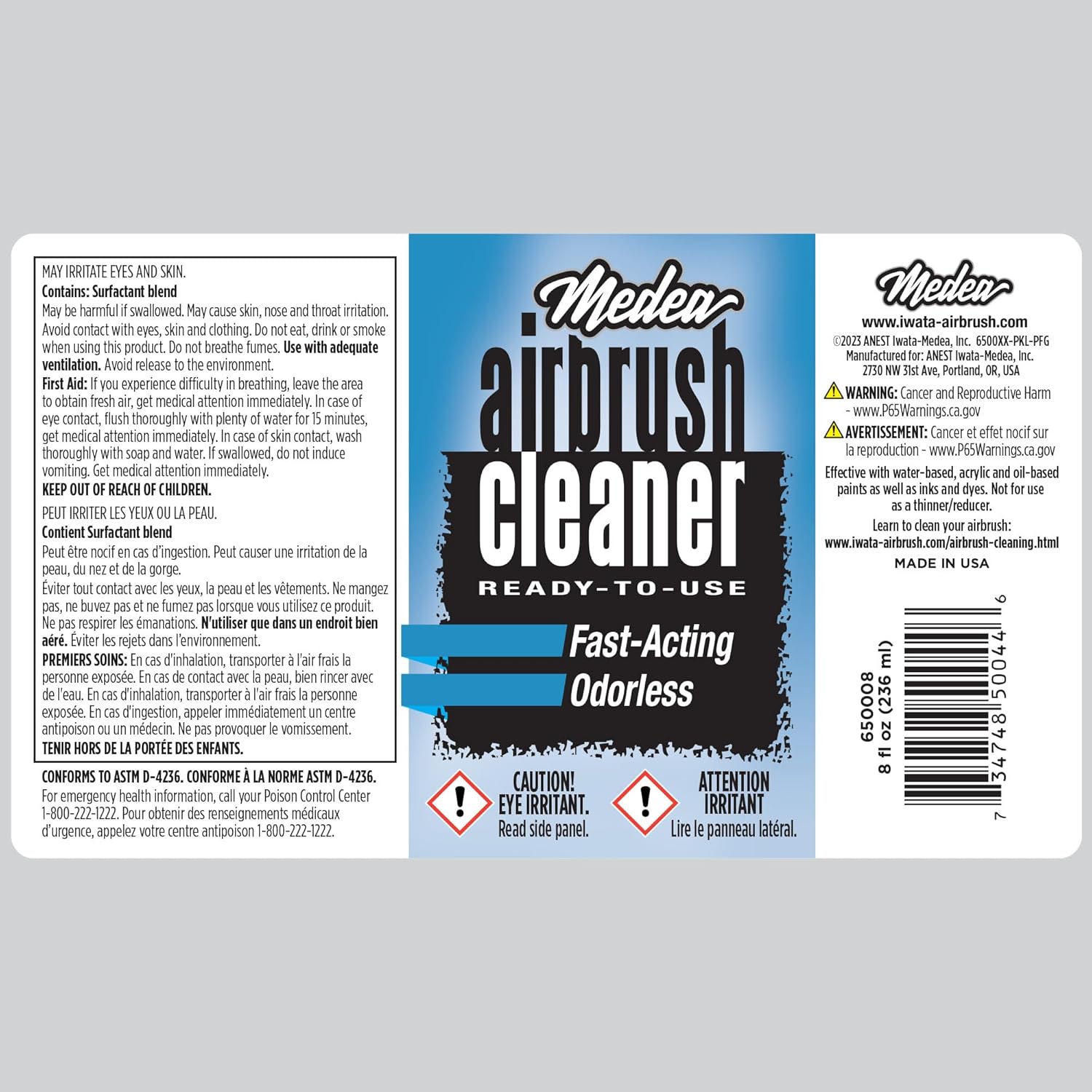 Close-up label of Medea Iwata Airbrush Cleaner 8oz with ingredients and warnings