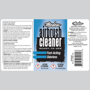 Close-up label of Medea Iwata Airbrush Cleaner 8oz with ingredients and warnings