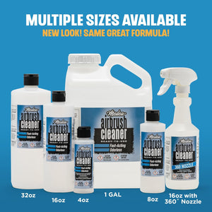 Full Medea Iwata Airbrush Cleaner product range in multiple sizes from 4oz to 1 gallon