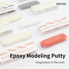DSPIAE Modeling Epoxy Putty range laid out: white, skin and grey bars with their boxes
