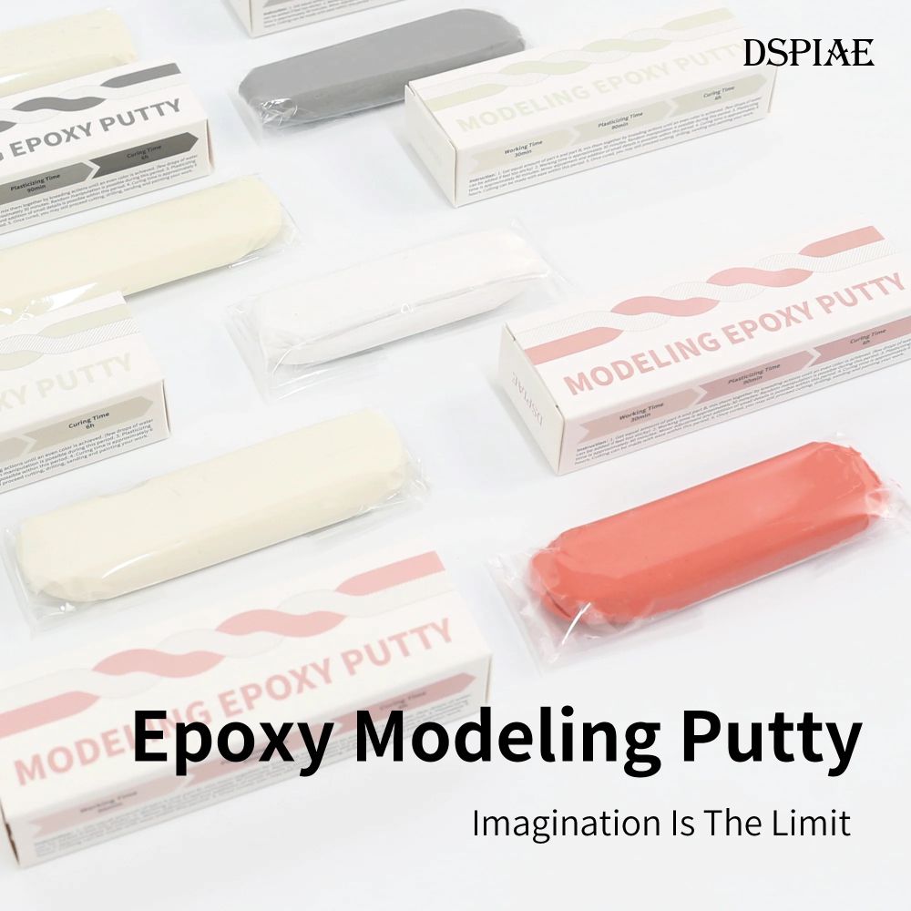 DSPIAE Modeling Epoxy Putty range laid out: white, skin and grey bars with their boxes