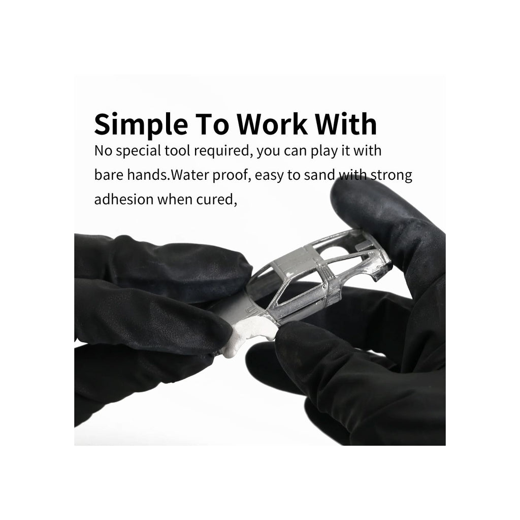 DSPIAE panel Simple To Work With: white epoxy putty pressed onto a model car body by gloved hands