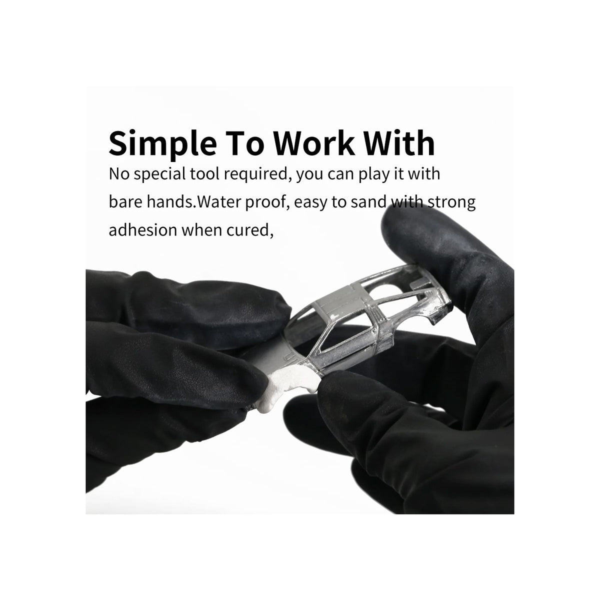 DSPIAE panel Simple To Work With: white epoxy putty pressed onto a model car body by gloved hands
