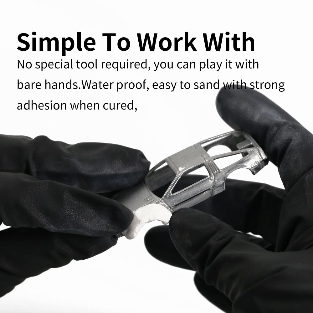 DSPIAE panel Simple To Work With: white epoxy putty pressed onto a model car body by gloved hands