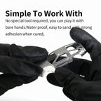 DSPIAE panel Simple To Work With: white epoxy putty pressed onto a model car body by gloved hands