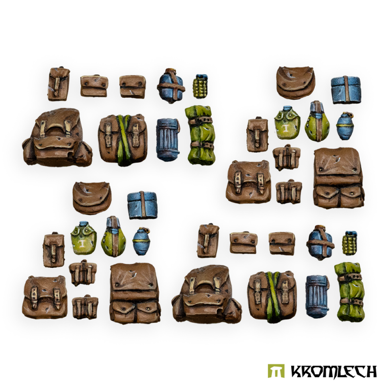 The 38 militia kit pieces painted in brown, green and blue