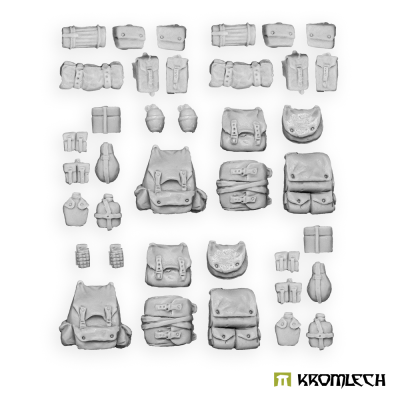 Kromlech Militia Backpacks & Pouches in grey resin: backpacks, pouches, canteens and rolled blankets