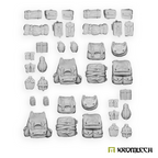 Kromlech Militia Backpacks & Pouches in grey resin: backpacks, pouches, canteens and rolled blankets