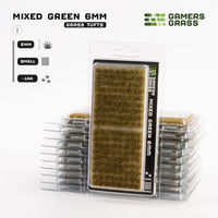 Gamers Grass Mixed Green 6mm - Small Tufts packaging, displaying product details and Mediterranean-inspired grass imagery
