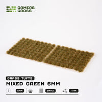 Sheet of approximately 144 Mixed Green 6mm Wild Tufts, showcasing various shapes and sizes of brownish-green grass tufts
