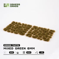 Sheet of approximately 70 Mixed Green 6mm Wild Tufts, showcasing various shapes and sizes of brownish-green grass tufts
