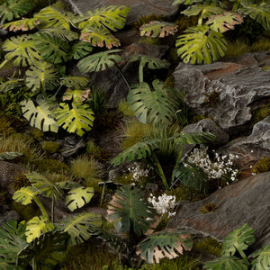 Tropical diorama featuring Laser Plants Monstera, showcasing a lush jungle scene and diverse Monstera leaf arrangements