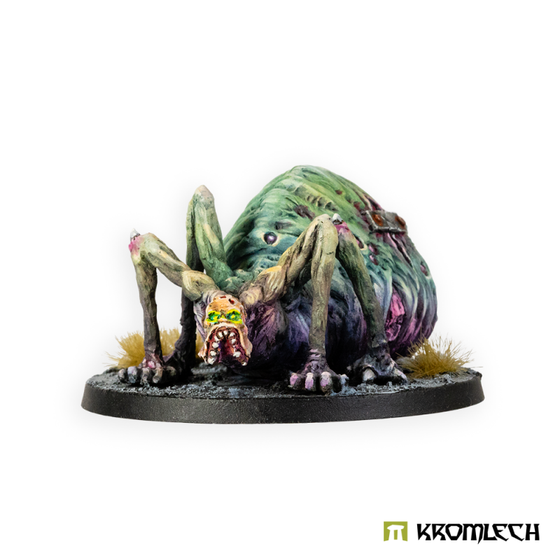 Kromlech Morbid Beast Araneaeman painted: a green and purple swollen body on four long clawed legs, fanged head at the front