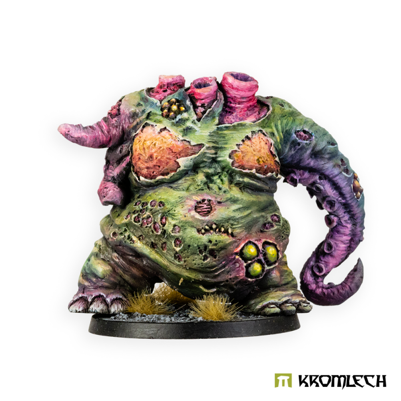 Kromlech Morbid Beast Chimney painted: a headless green and pink monster with three shoulder tubes and a tentacle arm