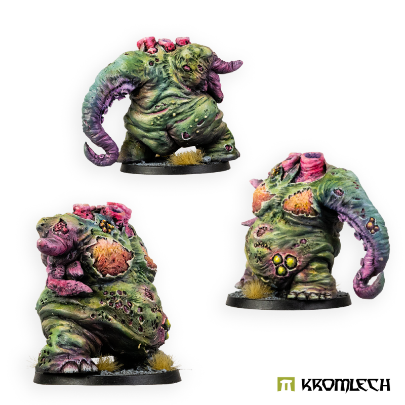 Three painted Chimney beasts from different angles