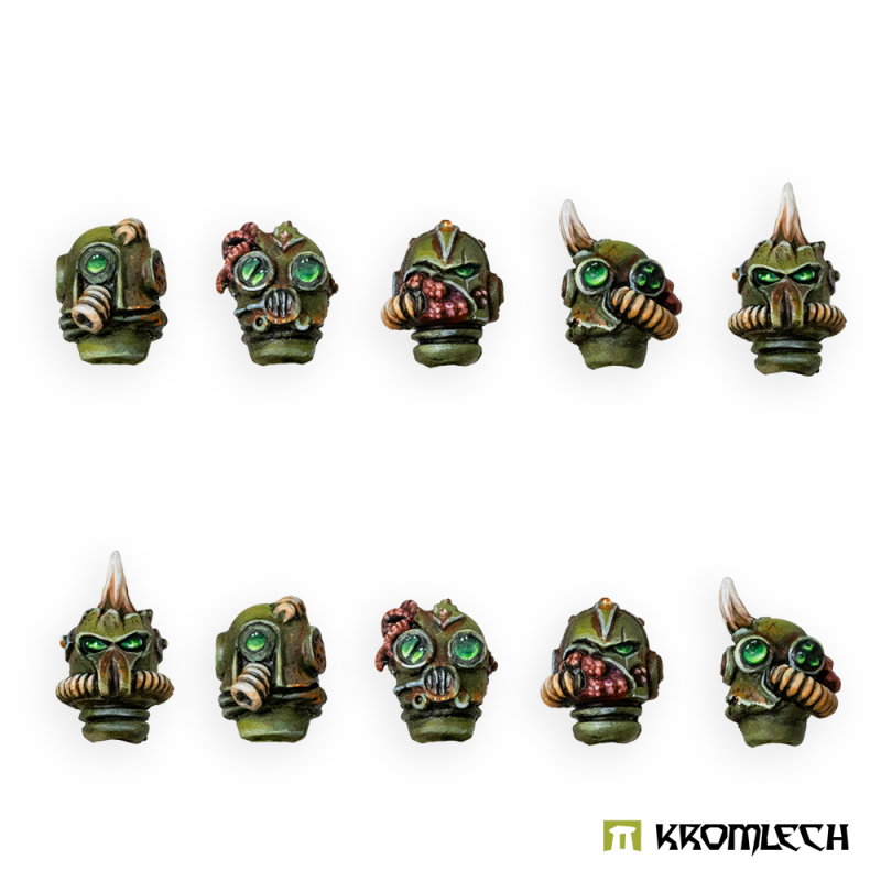 Kromlech Morbid Legionary Heads painted: ten green helmets with horns, crests, goggles and breathing hoses