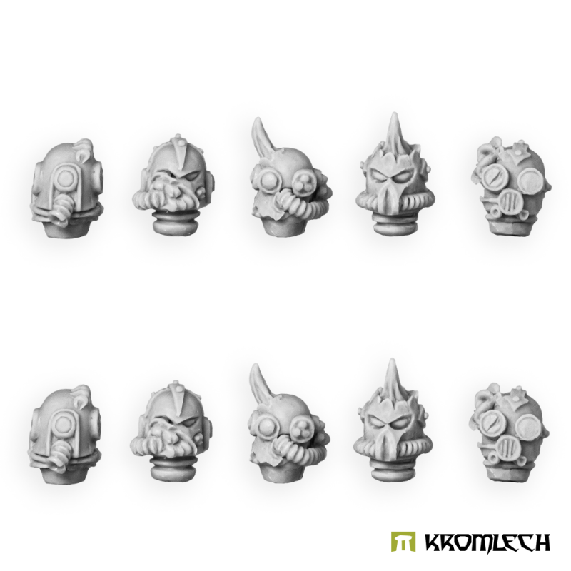 Render of the ten Morbid Legionary heads in grey: five sculpts, two of each