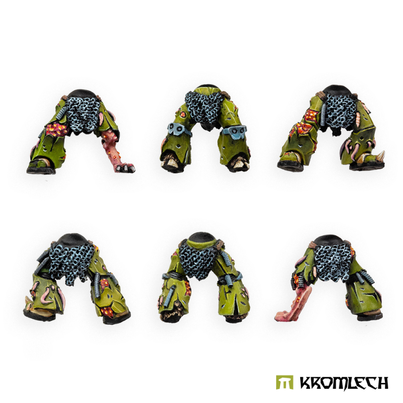 Kromlech Morbid Legionary Legs painted: six green armoured leg sets with chainmail skirts, horns and one pink clawed leg