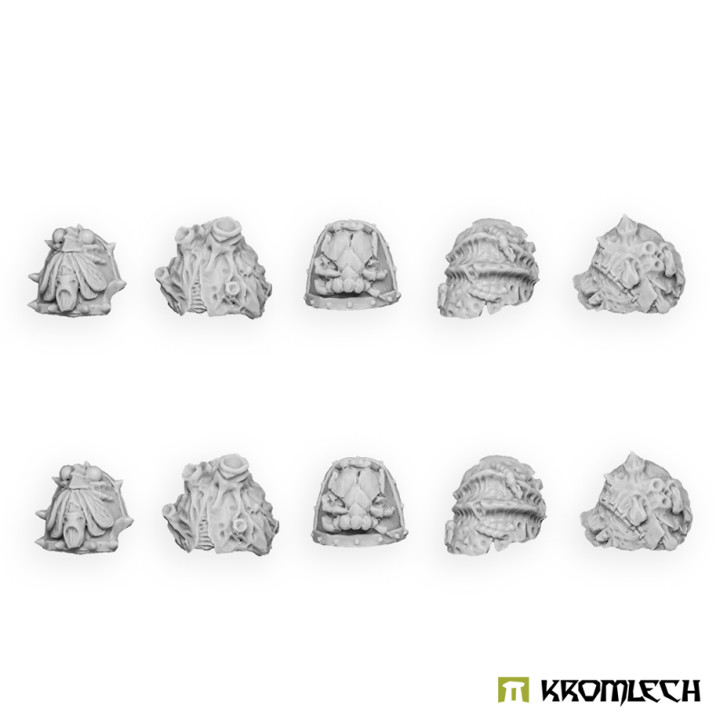 Render of ten Kromlech Morbid Legionary Shoulder Pads in grey: five designs, two of each
