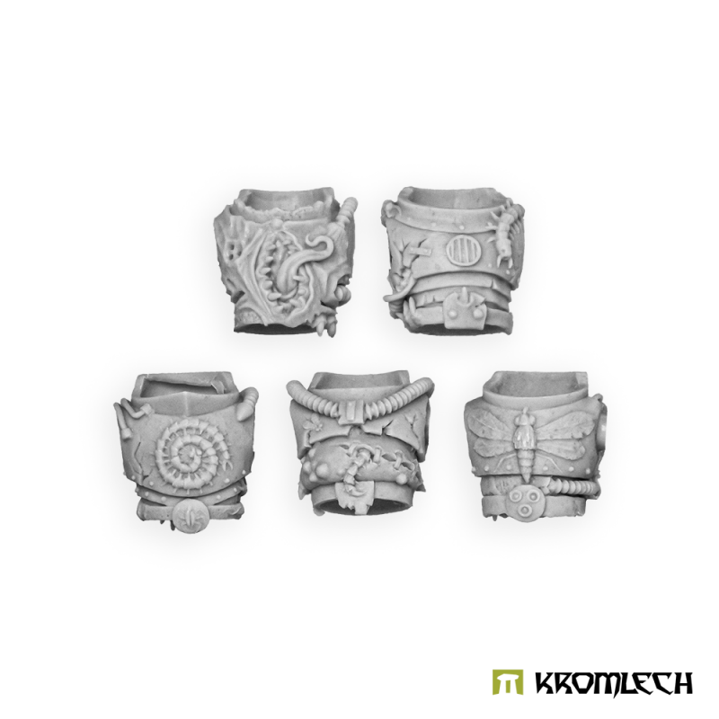 Render of five Kromlech Morbid Legionary Torsos in grey: a maw, a grille, a spiral shell, a hose and a fly