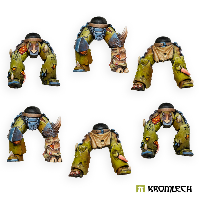 Kromlech Morbid Praetorian Legs painted: six green armoured leg sets with spikes, a tabard and one horned leg