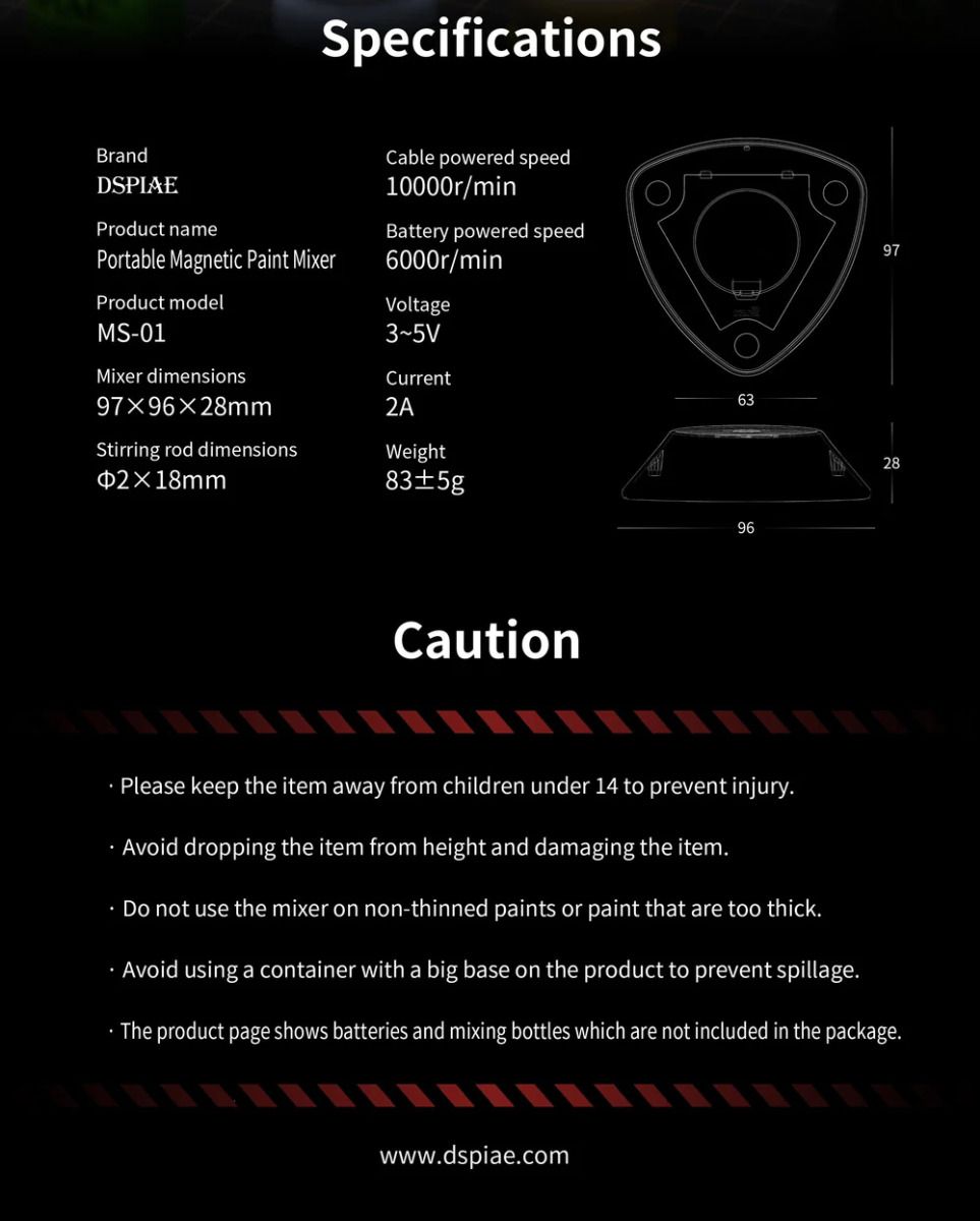 DSPIAE specification panel for the standard MS-01 portable mixer, which also runs on batteries; the LE uses the cable