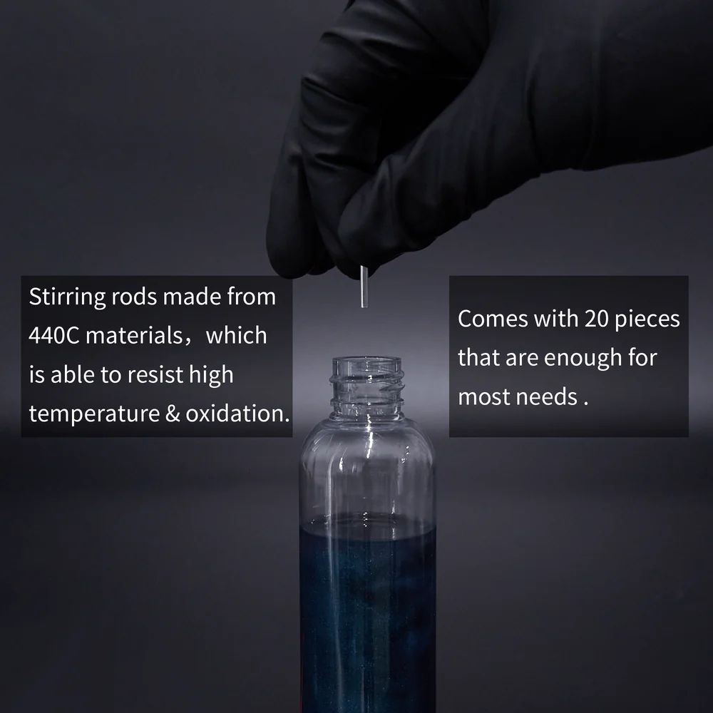 DSPIAE panel: a gloved hand drops a 440C steel stirring rod into a bottle of blue paint; 20 rods included