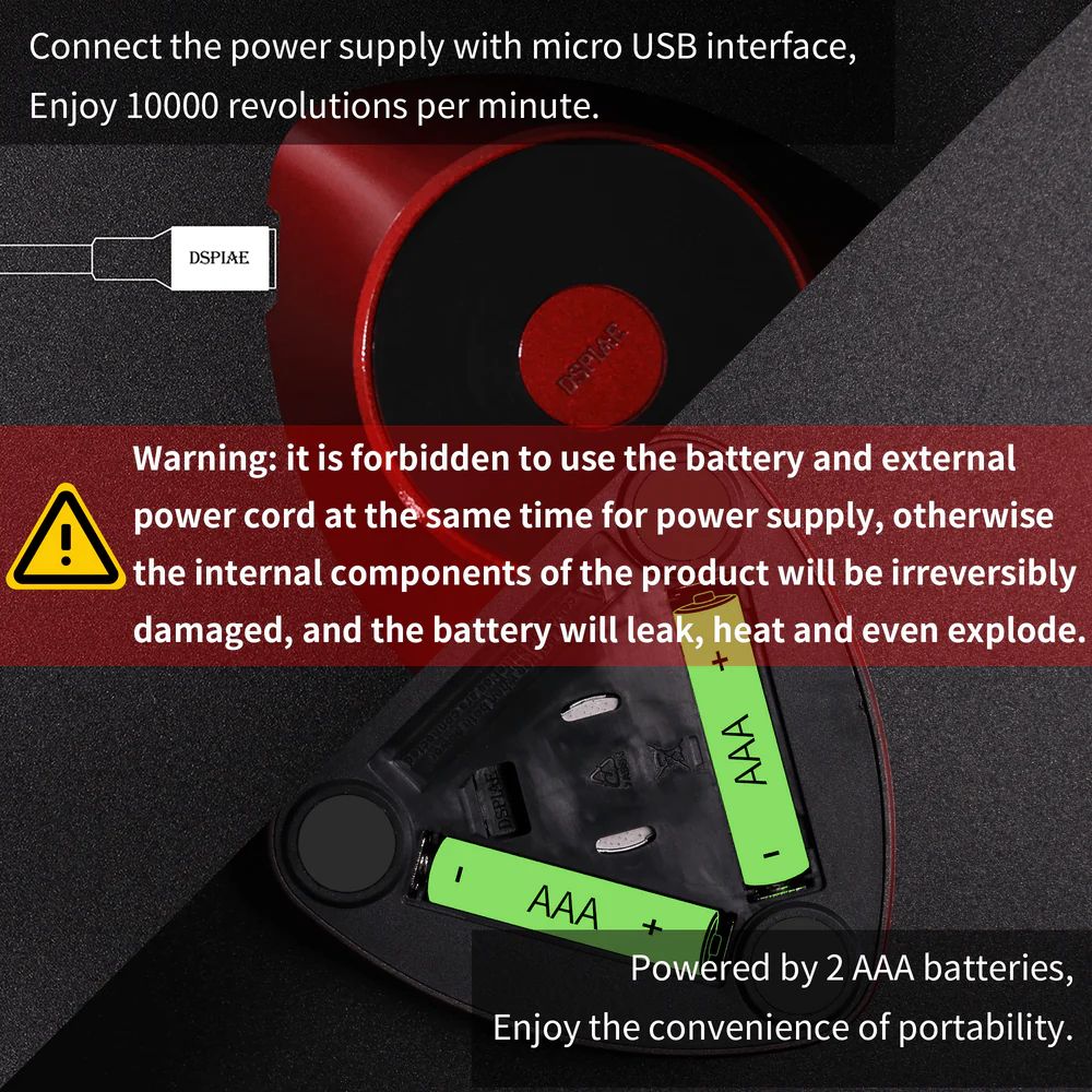DSPIAE panel for the standard MS-01 showing micro-USB and two AAA batteries; the MS-01 LE runs on micro-USB